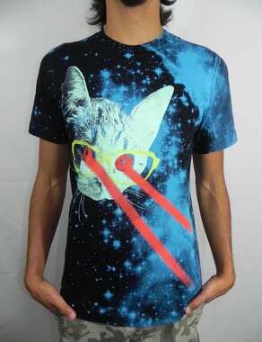 Threadless Mister Mittens' Big Adventure Galaxy Laser Cat T-Shirt